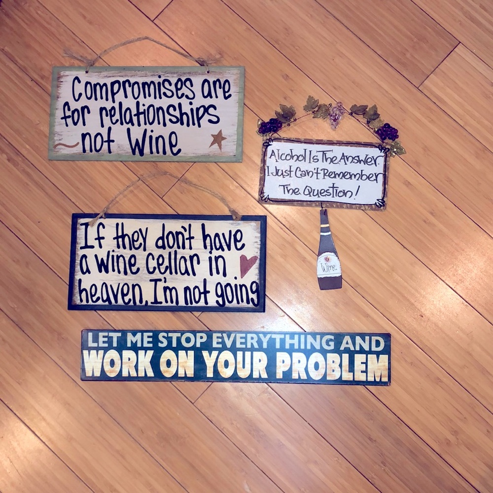Wine & Alcohol Sassy Quote Hanging Wood & Metal Signs x 4 Bundle